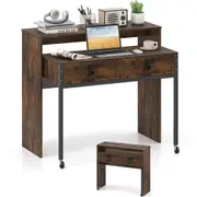 Costway Extendable Writing Desk Console Table w/2 Drawers Study Workstation Small Space Home Office Rustic Brown