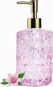 Pink Glass Hand Soap Dispenser with Gold Plastic Pump, Liquid Lotion Dispenser for Bathroom, Dish Dispenser Bottle for Kitchen Sink