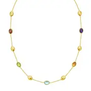 14k Solid Yellow Gold Multi Oval Gemstone Pebble Link 17" 1.2mm Chain Necklace