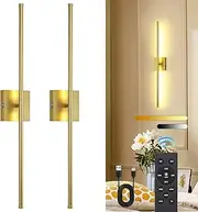 TPSHPTS Battery Operated Wall Sconces Set of 2, LED Rechargeable Wall Lights with Remote Control, 3 Colors Dimmable, 350° Rotate, Gold Wireless Wall Lamp for Living Room, Bedroom, 28.3 Inch