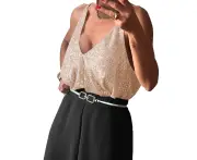 Women Sequin Tank Top Glitter Fabric Deep V Neck Loose Fitting Summer Sleeveless Vest Apricot S