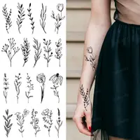 在飛比找蝦皮購物優惠-4張簡約線條素描紋身花卉植物葉子黑色臨時紋身貼ins時尚手臂