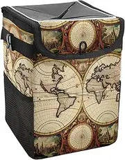 Car Trash Can with Lid and Storage Pockets Leak-Proof Organizer,Waterproof Garbage Can,Compass Road World Map