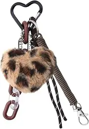 [yaozeio] Brown Pink Leopard Bag Charms for Handbags Plush Heart Keychain for Purse Rope Fluzzy Charm Backpack Accessories Keyring