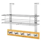 Over The Door Bamboo Wooden Hanger with Basket 5 Stainless Steel Hooks Clothes