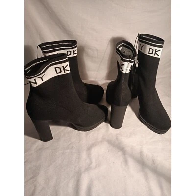 DKNY black and white ankle sock booties knit fabric
