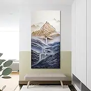 Art Hand-Painted Oil Painting - Mountain Peak Waterfall Texture Modern Large Size Canvas Wall Art Painting,Sofa Background Living Room Bedroom Home Decorations,As Shown,80 X 160 Cm(32"X63")