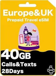 Europe & UK Prepaid eSIM - 26GB/40GB Data, 28 Days - Vodafone Spain (40GB 28 Days)
