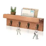 Rustic Key Holder for Wall, Farmhouse Wall Shelf with 4 Hooks, Wall Brown - Oak