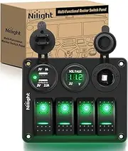 Nilight 4Gang Rocker Switch Panel with USB Charger Voltmeter and Cigar Lighter 12V 24V Toggle Switch ON Off Rocker Switch Green with Night Glow Stickers for Cars Rvs Trucks