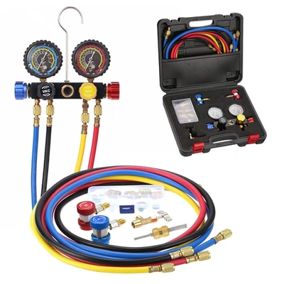 PB Motor Tech 4-Way AC Manifold Gauge Set for R22, R134A, R410A Refrigerants, wi