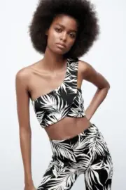 Zara NWT One Shoulder Palm Print Jacquard Cross Over Crop Top Size MEDIUM