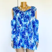 NWT Ninety Clothing Co 2X Plus Blue White Cold Shoulder Flowy Blouse Tunic Top