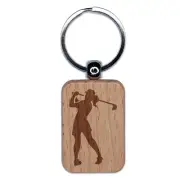 Woman Swinging Golf Club Engraved Wood Rectangle Keychain Tag Charm