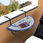 Hanging Balcony Table, Blue and White Mosaic, Semi-Circular Design, 76 x 56 x 64 cm, Foldable Outdoor Coffee Table, Iron Frame