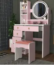 PINK Amazing Makeup Vanity Wood Dressing Table Stool Mirror LED Light Shelves