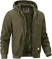 [BGOWATU] Men's Cotton Work Jacket Insulated Flannel Lined Full Zip Hoodies Active Winter Coat with Utility Pockets