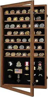 Jinchuan Military Challenge Coin Display Case Lockable Cabinet Rack Shadow Box with Removable 2 Grooves Shelves and Anti Fade Acrylic Glass Door for Casino Poker Chips Collectibles ExtraLarge-Walnut