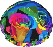 Multicolored Roses Print Various Activities Shower Cap Reusable Soft And Lightweight Bath Hair Cap Long Hair