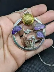 A Bird In The Forest Carved Amethyst Sterling Silver Necklace .Ra2