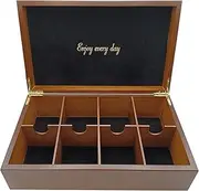 BJOYFUL&LOVED BJL Tea Bag Organiser, Wooden Tea Box with 8 Compartments, Large Tea Holder for Storage & Display, Decorative Craftmanship Tea Container, Hinged Wood Lid, Walnut Color