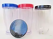 3 Original Magic Bullet Blender Mugs Cups w/ Lip Rings & a Shaker / Steamer Lid
