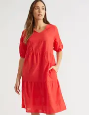 Katies Short Sleeve Tiered Knee Length Schiffli Dress