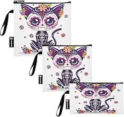 RPLIFE Sugar Skull Cat Cute Reusable Sandwich Snack Bags Washable Fabric Food Storage Pouch with Zipper for Students (Set of 3: S/M/L)