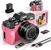 NBD 4K Digital Camera, 48MP UHD, 120FPS Video, Wi-Fi & App Control, 180° Flip Screen, 16X Zoom, Autofocus, LED Flash, Includes 32GB SD Card & 2 Batteries, Perfect for Vlogging & YouTube(Pink)