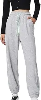 [Generic] Women's Casual Contrasting Loose Sports Pants with Drawstring Embroidery, Simple Sports Jogging Pants