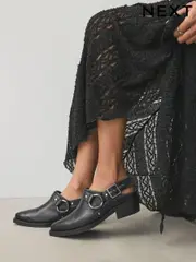 Black Standard Fit Forever Comfort® Leather Point Toe Hardware Western Cowboy Slingback Shoes (E94264) | $48