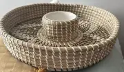 Sweetgrass Pine Needle Round Chip & Dip Basket White Black Lacing Glass Dip Bowl