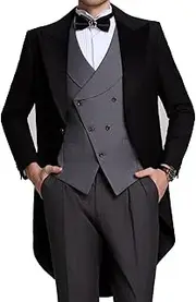 [Wehilion] Men's 3 Piece Velvet Tuxedo Suit Slim Fit Swallow Long Tailcoat Performances Dinner Party Wedding Double Breasted Vest Pants