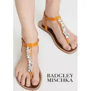 Badgley Mischka Womens Lucia Yellow Leather Crystal Embellished T-Strap Sandal 6