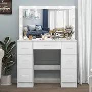 Vanity Desk with Mirror,Large Vanity Dressing Table with 11 LED Bulbs,3 Adjustable Light Modes, 7 Drawers,Large Vanity Table for Women, Girls
