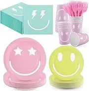 Durony 144-Piece Preppy Smile Face Party Tableware Set - Pink Napkins, Plates, Cups & Forks for Baby Shower, Serves 24 Guests