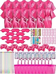 Xuhal 92 Pcs Spa Party Favors for Girls Slumber Party Supplies Kids Satin Robes Sleepover with Gift Bags for Girl Kids Birthday Gifts Total 10 Sets(Rose,8)