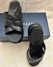 Cole Haan Womens ZeroGrand Slotted Slide Sandals Black Leather Size 6.5B NIB
