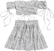 [Floerns] Women's Two Piece Outfit Off Shoulder Drawstring Crop Top and Skirt Set