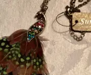 NEW Sumni Bird Peacock Necklace Feather Pendant Long Rhinestones Multicolor wTAG