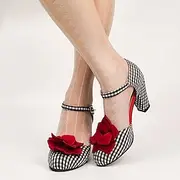 Women's Vintage Gingham Checkered Mary Jane Heels with Red Flower Embellishments – Retro Style Party Shoes