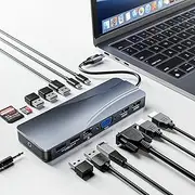USB C Docking Station Triple Monitor, 14 in 1 USB-C to Dual HDMI Adapter VGA Gigabit Ethernet 60W PD 5USB Ports, SD, TF, Mic/Audio 5Gbps USB C Dock Compatible for MacBook and Other USB C Laptops
