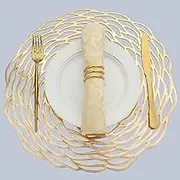 Evevde Gold Round Placemats for Dinner Table Set of 6 Metallic Plastic Vinyl Place Mats No-Slip Wipeable 6Pcs Table Mats for Daily Use Wedding Anniversary Kitchen Table Decoration(Dia:15inch/38cm)
