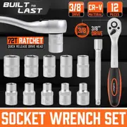 3/8" Socket Wrench Set with Ratchet & Extension Bar - 12 Pieces - 6-15mm
