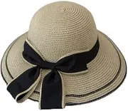[Tooe] Women Wide Brim Straw Roll Up Hat with Ribbon Bow Foldable Summer UV Protection Beach Travel Cap, Beige, Large