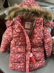 Mini Boden Girls Floral Sherpa Lined Anorak Coat Red Size 3-4Y Hood Pockets