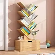 Hbluefat Tree Bookshelf with Drawer, 8-Tier Free Standing Wood Bookcase, Low Books/CDs Storage Shelves Organize for Living Room, Bedroom, Home Office, Space Saving (Wood)