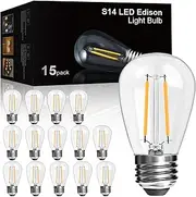 LangPlus+ 15 Pack 2W S14 LED Light Bulbs, E27 Base 2700K Warm White Plastic Shatterproof LED Edison Light Bulbs for Outdoor String Lights, Non- Dimmable 2W Equivalent to 20W Incandescent Bulb