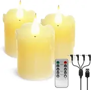 3 LED Candle Lights Real Wax Warm White,ALED LIGHT USB Charging Flameless Flickering Candles,Rechargeable Pillar Candles,Brightness Adjustable&Timer Remote,for Church,Wedding,Indoor Home Decor