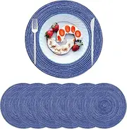 Round Placemats Set of 6, ZOIMINU 36cm/14.2 inch Braided Placemats for Dining Tables, Washable Cotton Polyester Woven Place Mats, Heat Resistant Non-Slip Table Mats (Blue)